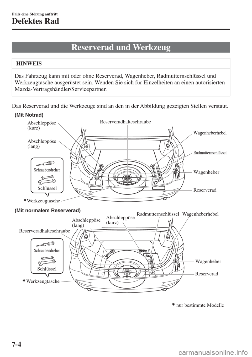 MAZDA MODEL 6 2016  Betriebsanleitung (in German) 7–4
Falls eine Störung auftritt
Defektes Rad
                  Reserverad  und  Werkzeug
 HINWEIS
 Das Fahrzeug kann mit oder ohne Reserverad, Wagenheber, Radmutternschlüssel und 
Werkzeugtasche a