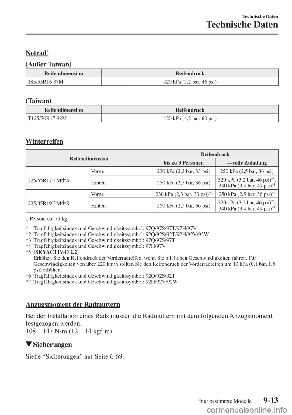 MAZDA MODEL 6 2016  Betriebsanleitung (in German) 9–13
Technische Daten
Technische Daten
*nur bestimmte Modelle
    Notrad * 
      (Außer Taiwan)   
 Reifendimension   Reifendruck 
 185/55R16 87M   320 kPa (3,2 bar, 46 psi) 
   
      (Taiwan)   
