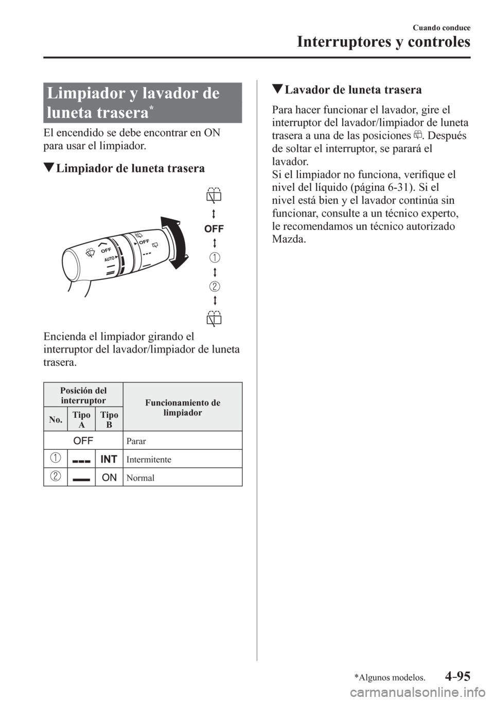 MAZDA MODEL 6 2016  Manual del propietario (in Spanish) 4–95
Cuando conduce
Interruptores y controles
*Algunos modelos.
 Limpiador y lavador de 
luneta trasera 
*
    E l   e n c e n d i d o   s e   d e b e   e n c o n t r a r   e n ON 
para usar el limp