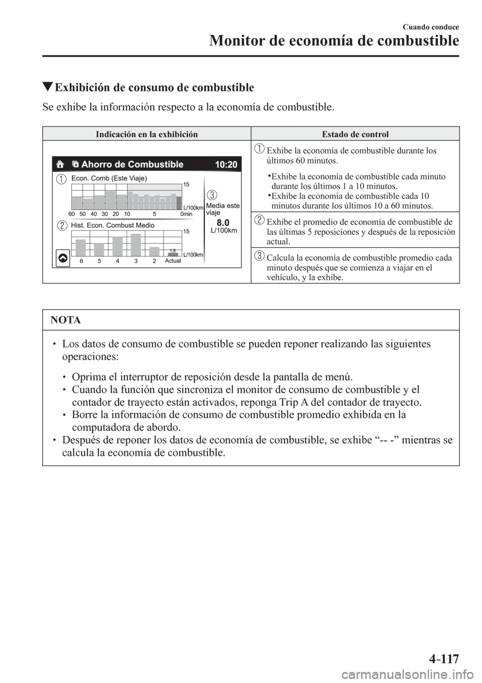 MAZDA MODEL 6 2016  Manual del propietario (in Spanish) 4–117
Cuando conduce
Monitor de economía de combustible
 Exhibición de consumo de combustible
              S e   e x h i b e   l a   información respecto a la economía de combustible.
 Indicaci
