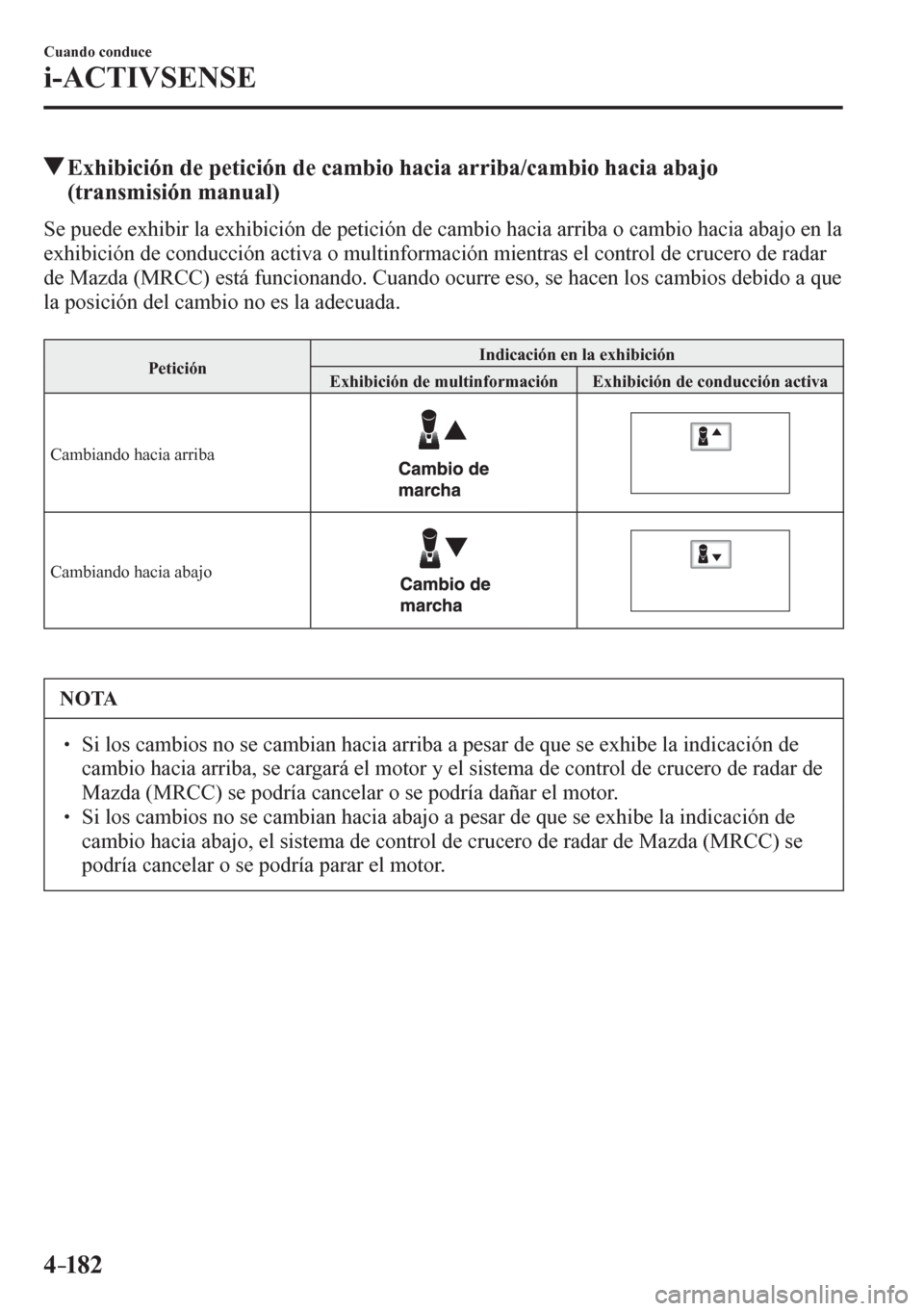 MAZDA MODEL 6 2016  Manual del propietario (in Spanish) 4–182
Cuando conduce
i-ACTIVSENSE
 Exhibición de petición de cambio hacia arriba/cambio hacia abajo 
(transmisión manual)
            S e   p u e d e   e x h i b i r   l a   e x h i b<004c0046004