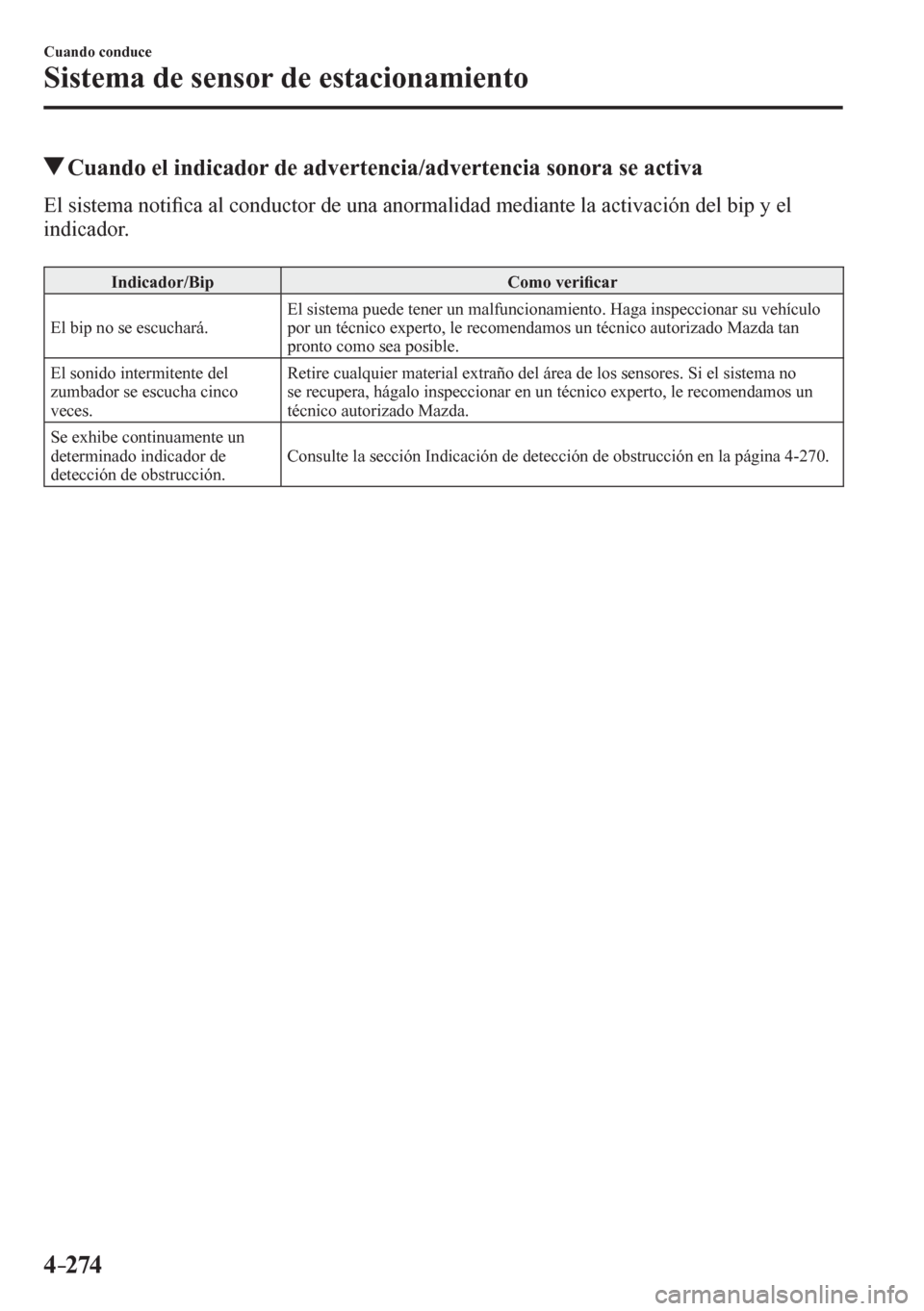 MAZDA MODEL 6 2016  Manual del propietario (in Spanish) 4–274
Cuando conduce
Sistema de sensor de estacionamiento
 Cuando el indicador de advertencia/advertencia sonora se activa
    E l   s i stema noti�¿ ca al conductor de una anormalidad mediante la 
