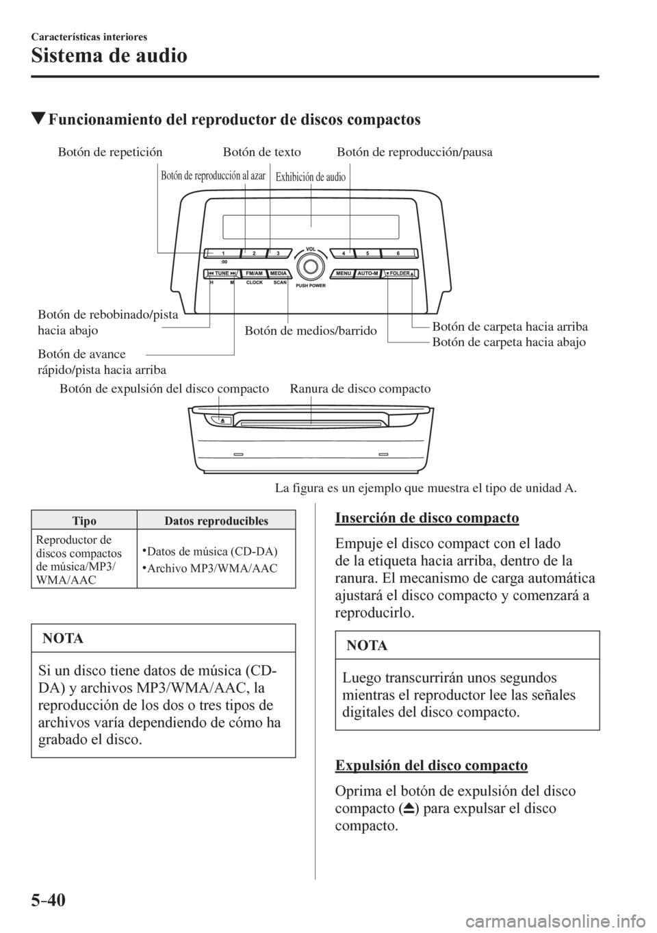 MAZDA MODEL 6 2016  Manual del propietario (in Spanish) 5–40
Características interiores
Sistema de audio
 Funcionamiento del reproductor de discos compactos
Botón de expulsión del disco compacto Ranura de disco compacto Botón de rebobinado/pista 
hac