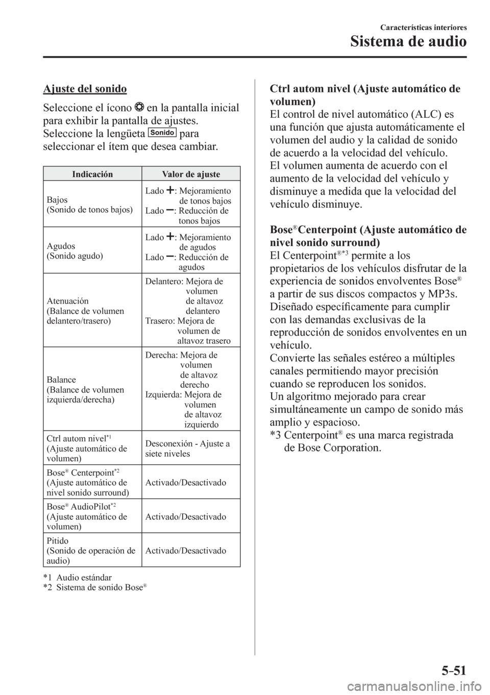 MAZDA MODEL 6 2016  Manual del propietario (in Spanish) 5–51
Características interiores
Sistema de audio
  Ajuste del sonido
    Seleccione el ícono  
  en la pantalla inicial 
para exhibir la pantalla de ajustes.
  Seleccione la lengüeta  
  para 
se