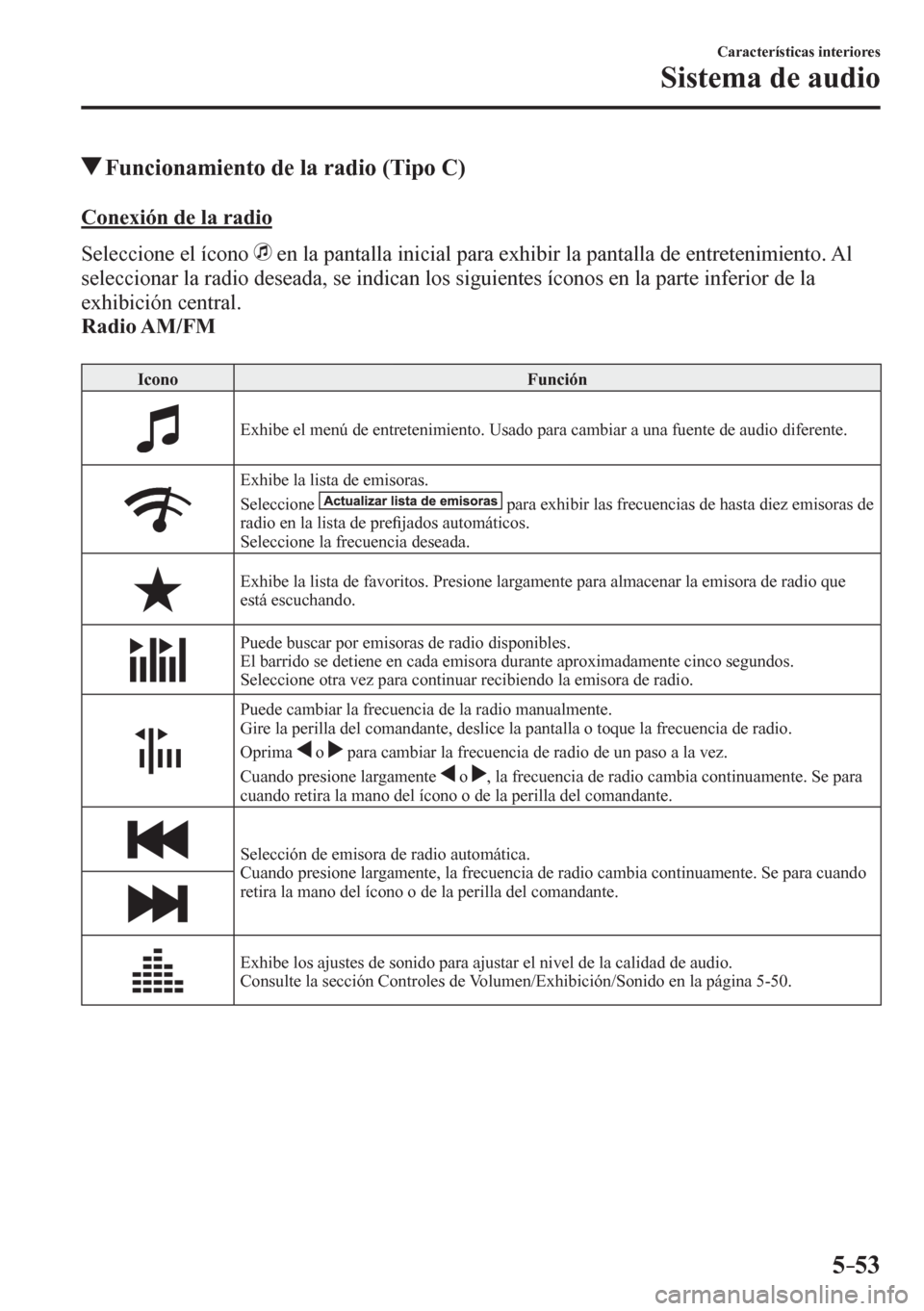 MAZDA MODEL 6 2016  Manual del propietario (in Spanish) 5–53
Características interiores
Sistema de audio
 Funcionamiento de la radio (Tipo C)
    C o n e x i ó n   d e   l a   r a d i o
    Seleccione el ícono  
  en la pantalla inicial para exhibir l