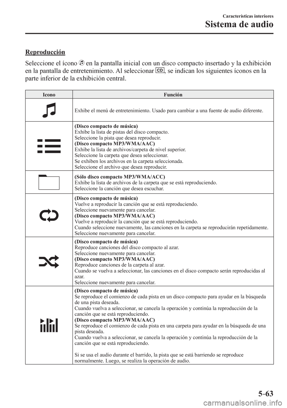 MAZDA MODEL 6 2016  Manual del propietario (in Spanish) 5–63
Características interiores
Sistema de audio
    R e p r o d ucción
    Seleccione el ícono  
  en la pantalla inicial con un disco compacto insertado y la exhibición 
en la pantalla de entr