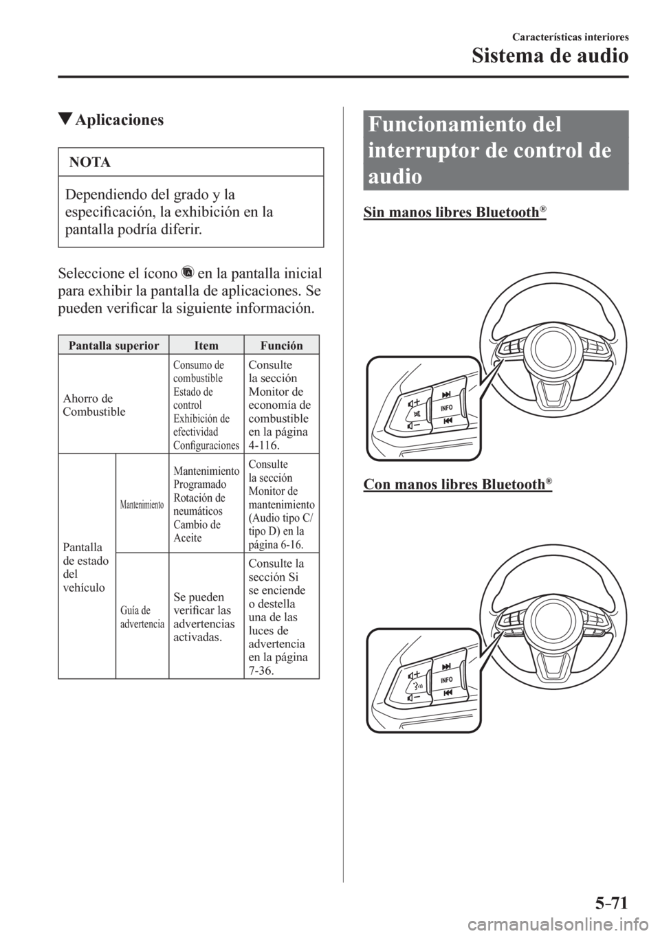 MAZDA MODEL 6 2016  Manual del propietario (in Spanish) 5–71
Características interiores
Sistema de audio
 Aplicaciones
 NOTA
 Dependiendo del grado y la 
especi�¿ cación, la exhibición en la 
pantalla podría diferir. 
  Seleccione el ícono  
  en l