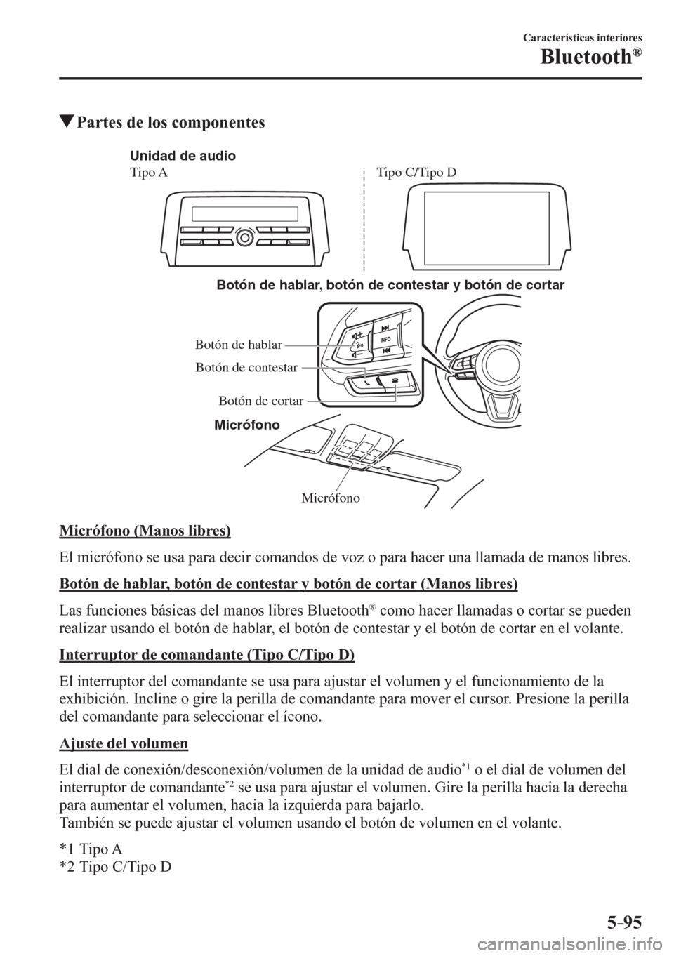 MAZDA MODEL 6 2016  Manual del propietario (in Spanish) 5–95
Características interiores
Bluetooth®
 Partes de los componentes
Micrófono Botón de hablar, botón de contestar y botón de cortar
Micrófono Unidad de audio
Tipo ATipo C/Tipo D
Botón de h