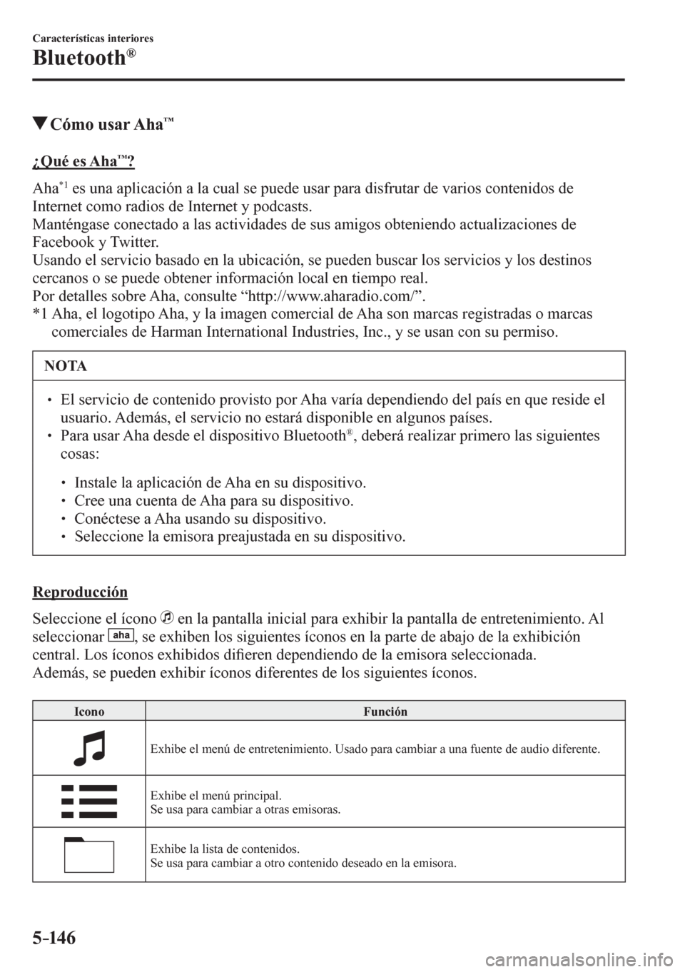 MAZDA MODEL 6 2016  Manual del propietario (in Spanish) 5–14 6
Características interiores
Bluetooth®
 Cómo usar Aha™
    ¿ Q u é   e s   A h a™?
    A h a  
*1  es una aplicación a la cual se puede usar para disfrutar de varios contenidos de 
I