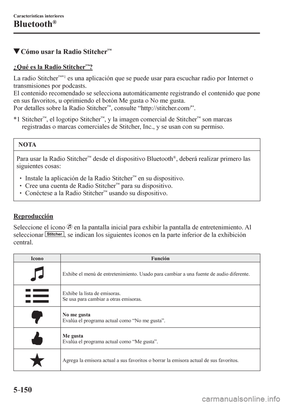 MAZDA MODEL 6 2016  Manual del propietario (in Spanish) 5–150
Características interiores
Bluetooth®
 Cómo usar la Radio Stitcher™
    ¿ Q u é   e s   l a   R a d i o   S t i t c h e r™?
    L a   r a d i o   Stitcher
™*1  es una aplicación qu