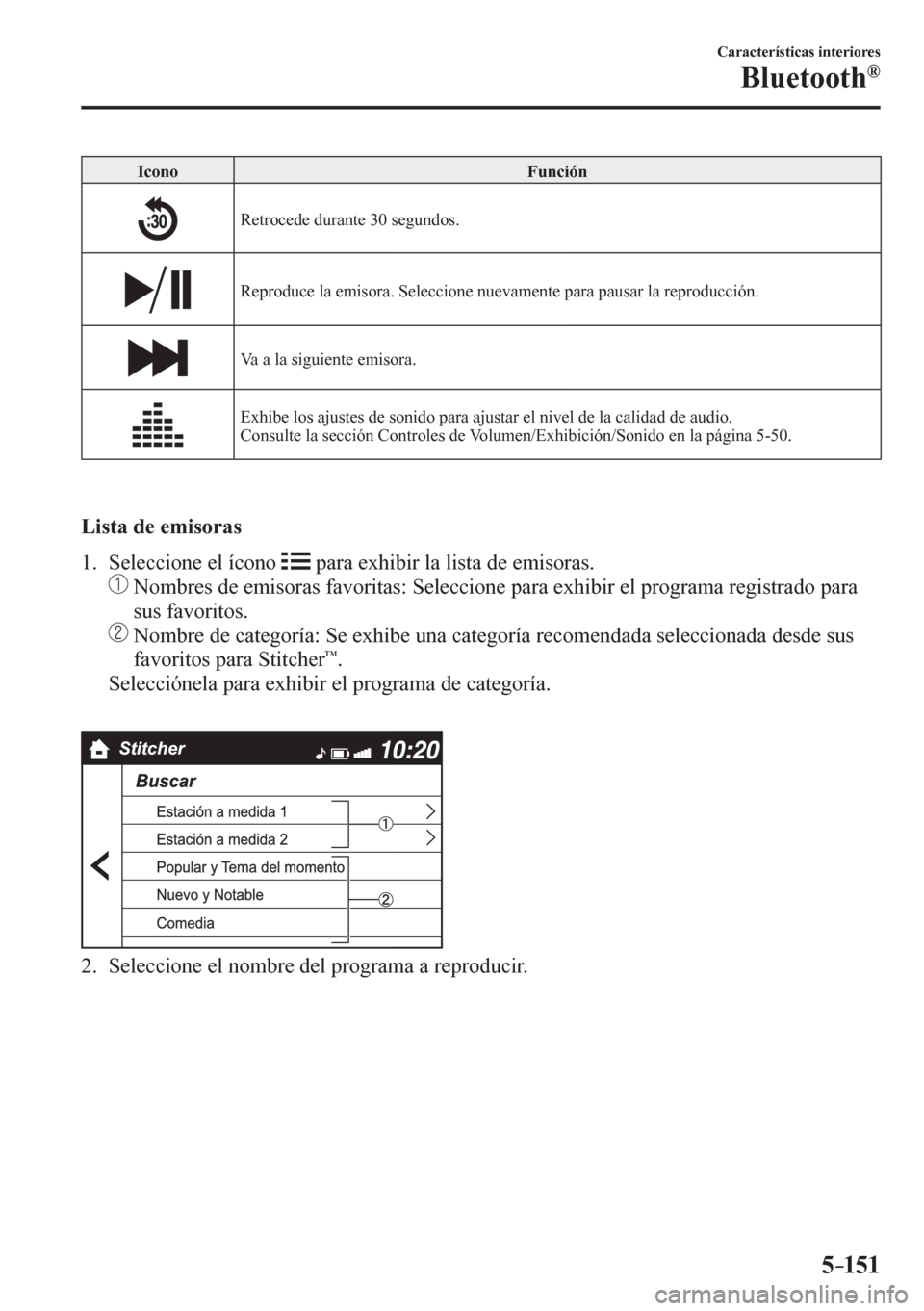 MAZDA MODEL 6 2016  Manual del propietario (in Spanish) 5–151
Características interiores
Bluetooth®
 Icono   Función 
 Retrocede durante 30 segundos. 
 Reproduce la emisora. Seleccione nuevamente para pausar la reproducción. 
 Va a la siguiente emiso