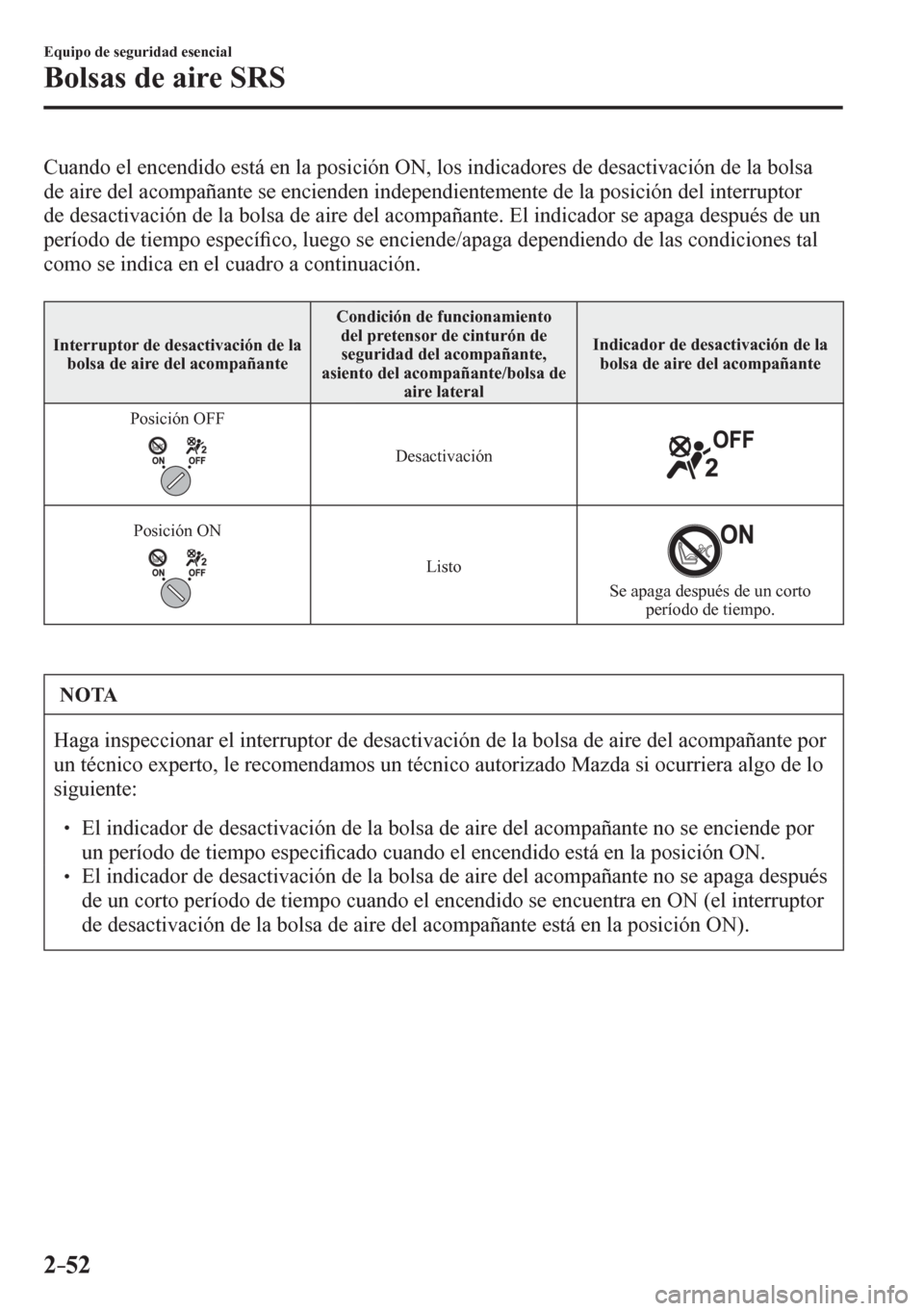 MAZDA MODEL 6 2016  Manual del propietario (in Spanish) 2–52
Equipo de seguridad esencial
Bolsas de aire SRS
  Cuando el encendido está en la posición ON, los indicadores de desactivación de la bolsa 
<0047004800030044004c00550048000300470048004f00030