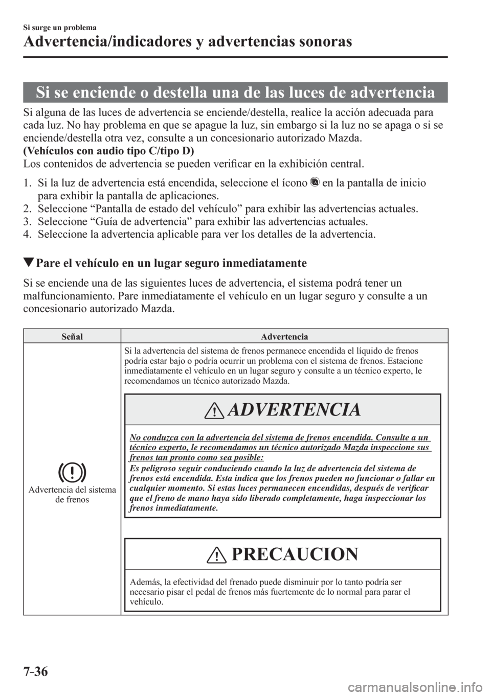 MAZDA MODEL 6 2016  Manual del propietario (in Spanish) 7–36
Si surge un problema
Advertencia/indicadores y advertencias sonoras
                S i   s e   e nciende o destella una de las luces de advertencia
            S i   a l<004a005800510044000300
