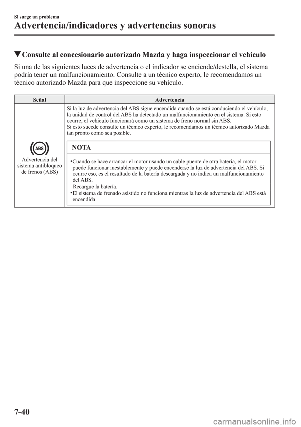MAZDA MODEL 6 2016  Manual del propietario (in Spanish) 7–40
Si surge un problema
Advertencia/indicadores y advertencias sonoras
 Consulte al concesionario autorizado Mazda y haga inspeccionar el vehículo
    S i   u n a   d e   l a<005600030056004c004a