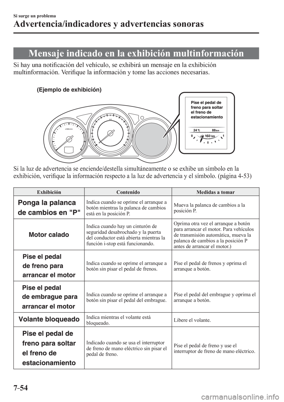 MAZDA MODEL 6 2016  Manual del propietario (in Spanish) 7–54
Si surge un problema
Advertencia/indicadores y advertencias sonoras
 Mensaje indicado en la exhibición multinformación
            S i   h ay una noti�¿ cación del vehículo, se exhibirá u