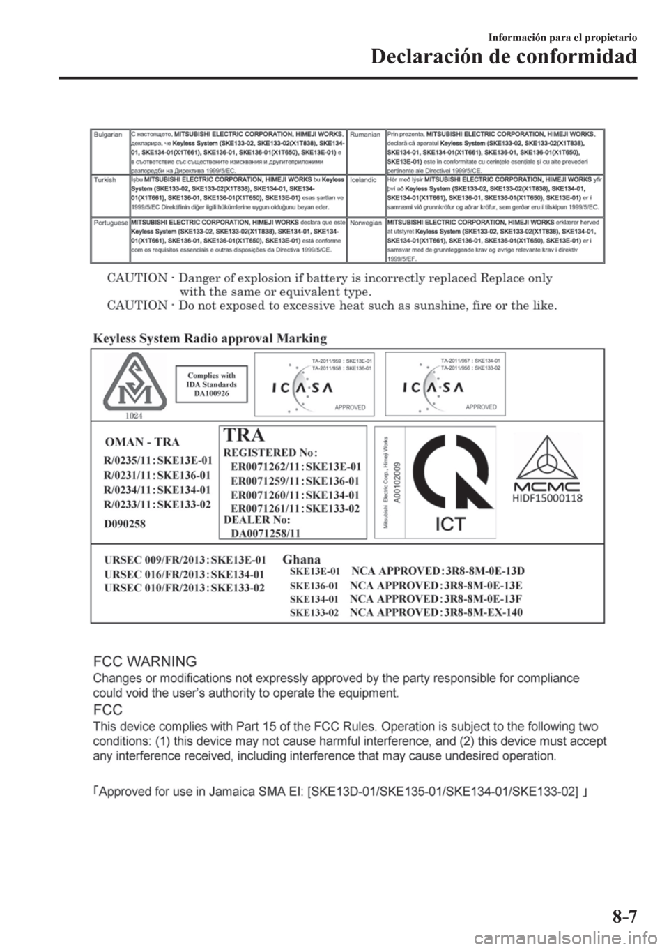 MAZDA MODEL 6 2016  Manual del propietario (in Spanish) 8–7
Información para el propietario
Declaración de conformidad
��������������������� 