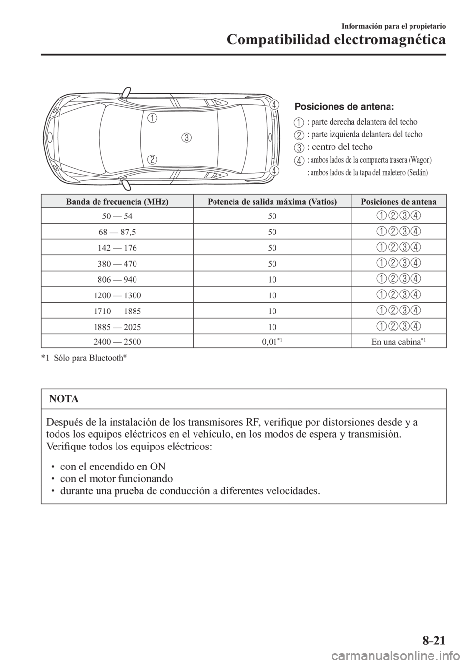 MAZDA MODEL 6 2016  Manual del propietario (in Spanish) 8–21
Información para el propietario
Compatibilidad electromagnética
Posiciones de antena:
: parte derecha delantera del techo
: parte izquierda delantera del techo
: centro del techo
: ambos lado