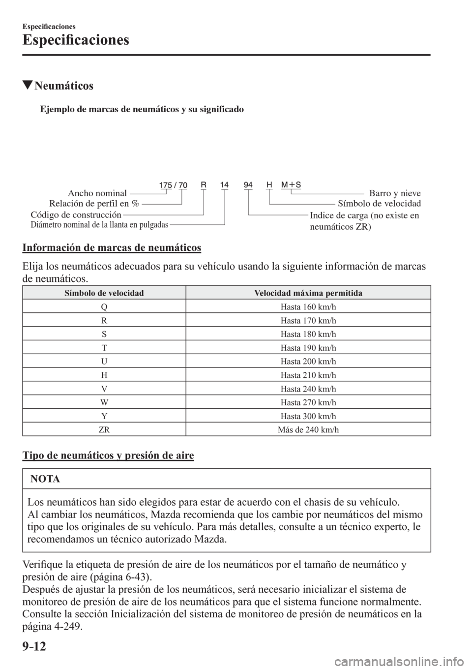 MAZDA MODEL 6 2016  Manual del propietario (in Spanish) 9–12
Especi�¿ caciones
Especi�¿ caciones
 Neumáticos
Ejemplo de marcas de neumáticos y su significado 
Ancho nominal
Relación de perfil en %
Código de construcciónBarro y nieve 
Símbolo de v
