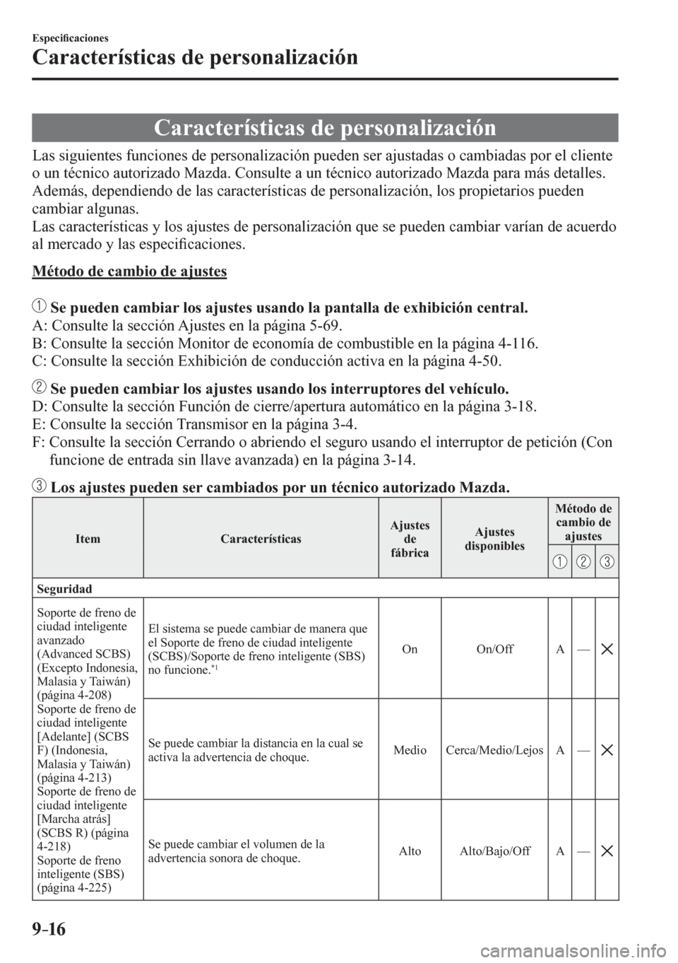 MAZDA MODEL 6 2016  Manual del propietario (in Spanish) 9–16
Especi�¿ caciones
Características de personalización
      C a r a c terísticas de personalización
              L a s   s i g u i e n t e s<00030049005800510046004c00520051004800560003004