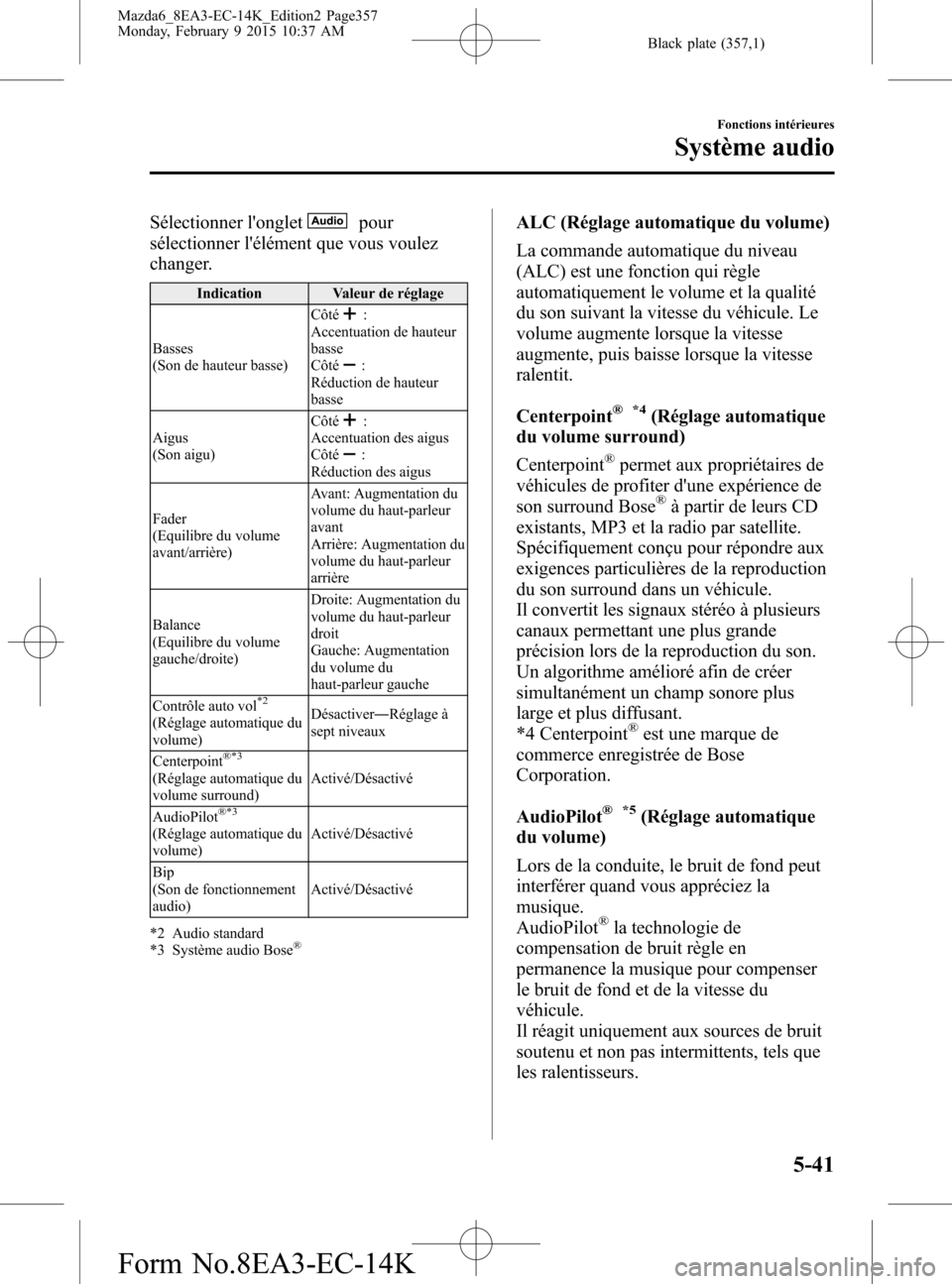 MAZDA MODEL 6 2016 Manuel du propriétaire (in French) Black plate (357,1)
Sélectionner longletpour
sélectionner lélément que vous voulez
changer.
Indication Valeur de réglage
Basses
(Son de hauteur basse)Côté
:
Accentuation de hauteur
basse
Côt MAZDA MODEL 6 2016 Manuel du propriétaire (in French) Black plate (357,1)
Sélectionner longletpour
sélectionner lélément que vous voulez
changer.
Indication Valeur de réglage
Basses
(Son de hauteur basse)Côté
:
Accentuation de hauteur
basse
Côt