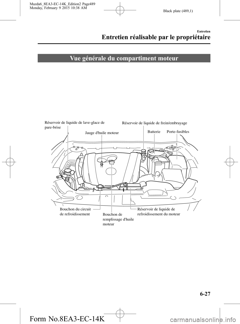 MAZDA MODEL 6 2016 Manuel du propriétaire (in French) Black plate (489,1)
Vue générale du compartiment moteur
Réservoir de liquide de lave-glace de
pare-briseRéservoir de liquide de frein/embrayage
Jauge dhuile moteur Batterie Porte-fusibles
Bouch MAZDA MODEL 6 2016 Manuel du propriétaire (in French) Black plate (489,1)
Vue générale du compartiment moteur
Réservoir de liquide de lave-glace de
pare-briseRéservoir de liquide de frein/embrayage
Jauge dhuile moteur Batterie Porte-fusibles
Bouch