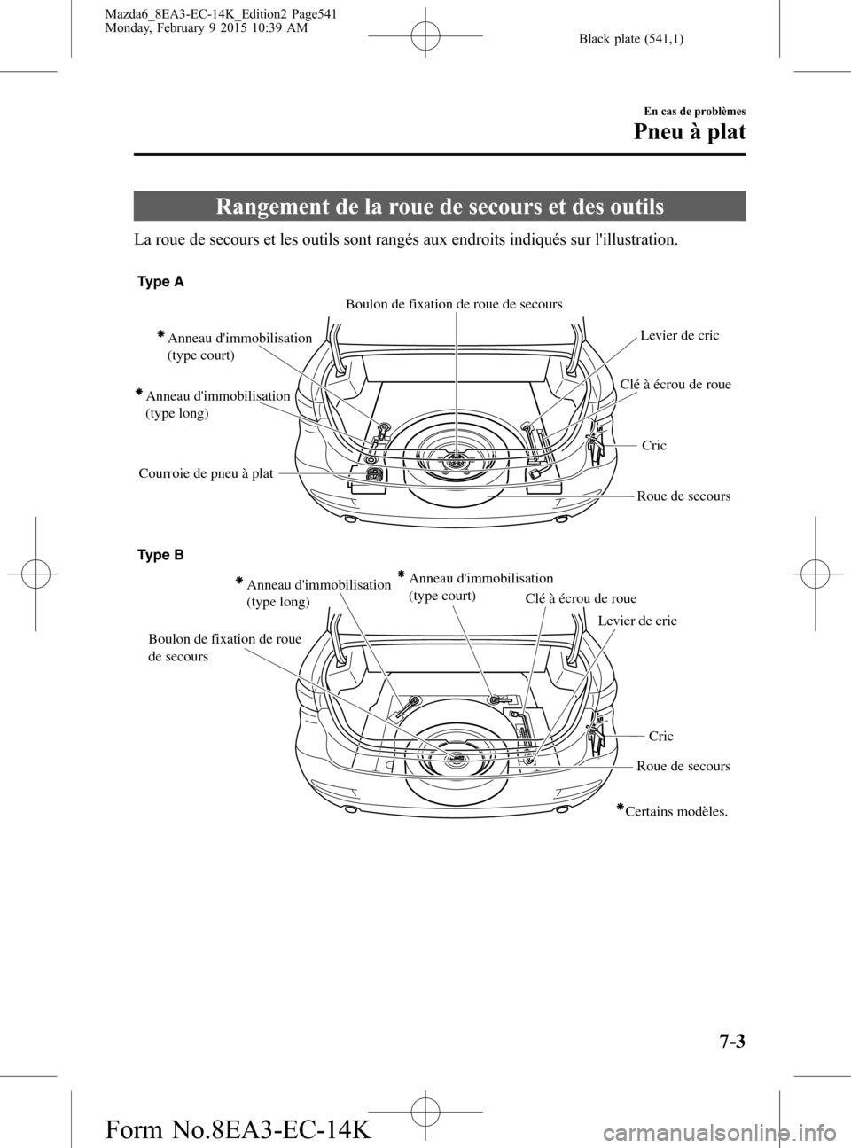 MAZDA MODEL 6 2016 Manuel du propriétaire (in French) Black plate (541,1)
Rangement de la roue de secours et des outils
La roue de secours et les outils sont rangés aux endroits indiqués sur lillustration.
Anneau dimmobilisation
(type long) Anneau d MAZDA MODEL 6 2016 Manuel du propriétaire (in French) Black plate (541,1)
Rangement de la roue de secours et des outils
La roue de secours et les outils sont rangés aux endroits indiqués sur lillustration.
Anneau dimmobilisation
(type long) Anneau d