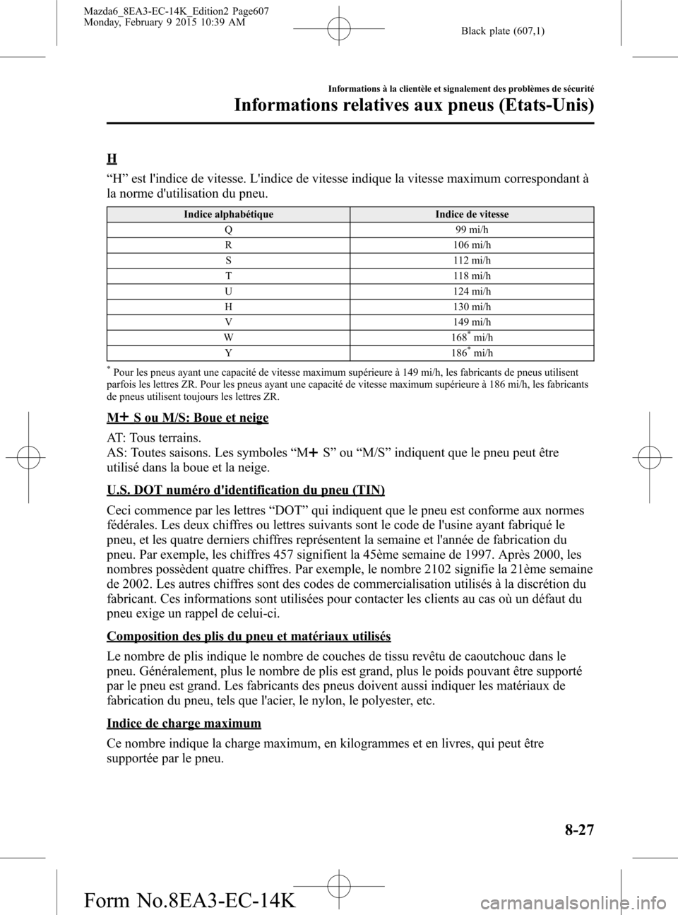 MAZDA MODEL 6 2016 Manuel du propriétaire (in French) Black plate (607,1)
H
“H”est lindice de vitesse. Lindice de vitesse indique la vitesse maximum correspondant à
la norme dutilisation du pneu.
Indice alphabétique Indice de vitesse
Q 99 mi/h
R MAZDA MODEL 6 2016 Manuel du propriétaire (in French) Black plate (607,1)
H
“H”est lindice de vitesse. Lindice de vitesse indique la vitesse maximum correspondant à
la norme dutilisation du pneu.
Indice alphabétique Indice de vitesse
Q 99 mi/h
R