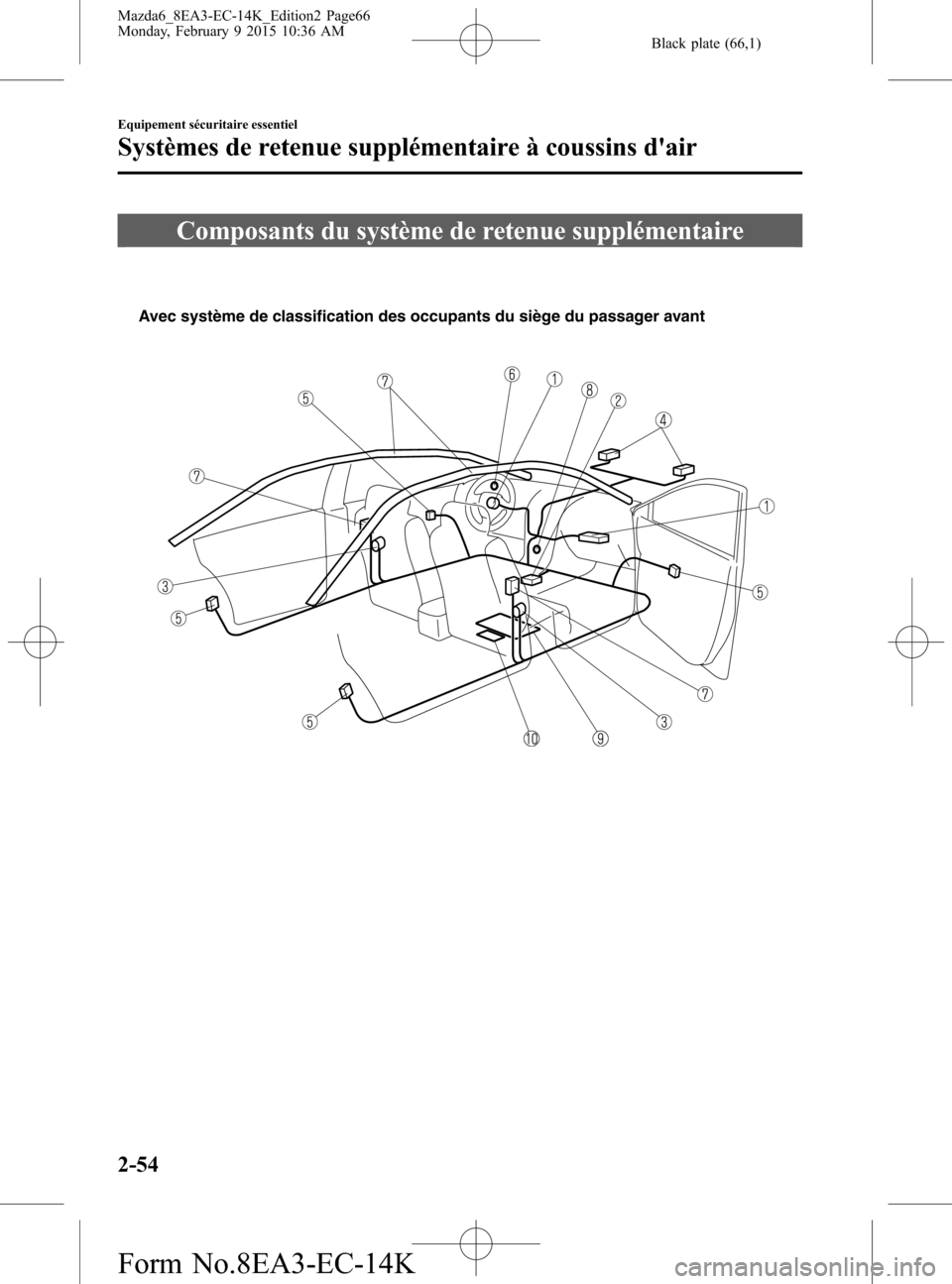 MAZDA MODEL 6 2016  Manuel du propriétaire (in French) Black plate (66,1)
Composants du système de retenue supplémentaire
Avec système de classification des occupants du siège du passager avant
2-54
Equipement sécuritaire essentiel
Systèmes de reten