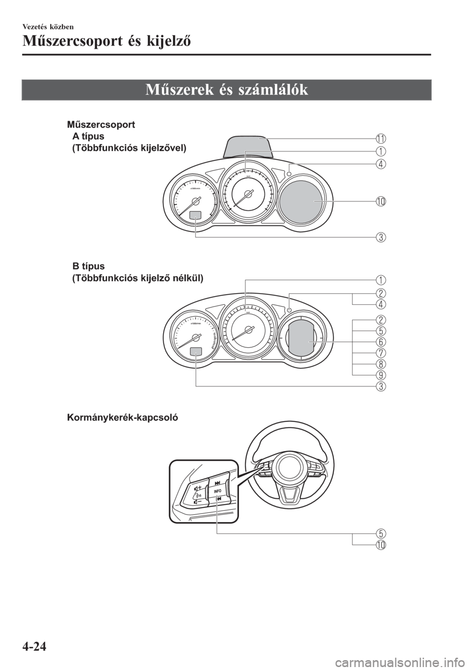 MAZDA MODEL 6 2016 Kezelési útmutató (in Hungarian) Műszerek és számlálók
Műszercsoport
A típus
B típus
Kormánykerék-kapcsoló
(Többfunkciós kijelzővel)
(Többfunkciós kijelző nélkül)
Vezetés közben
Műszercsoport és kijelző
4-24 MAZDA MODEL 6 2016 Kezelési útmutató (in Hungarian) Műszerek és számlálók
Műszercsoport
A típus
B típus
Kormánykerék-kapcsoló
(Többfunkciós kijelzővel)
(Többfunkciós kijelző nélkül)
Vezetés közben
Műszercsoport és kijelző
4-24