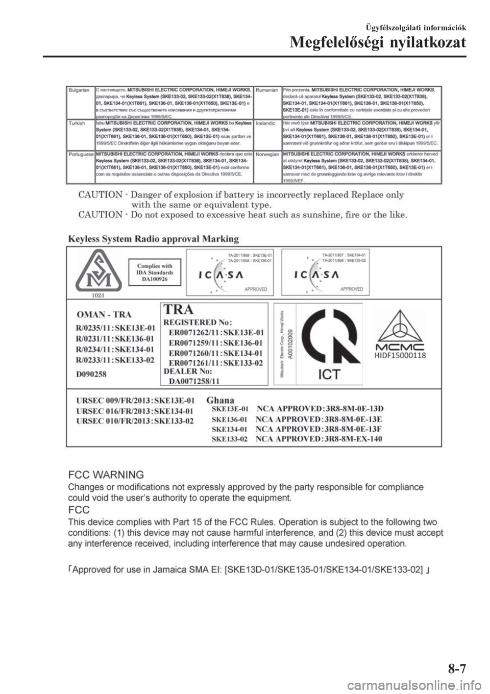 MAZDA MODEL 6 2016  Kezelési útmutató (in Hungarian) Ügyfélszolgálati információk
Megfelelőségi nyilatkozat
8-7 