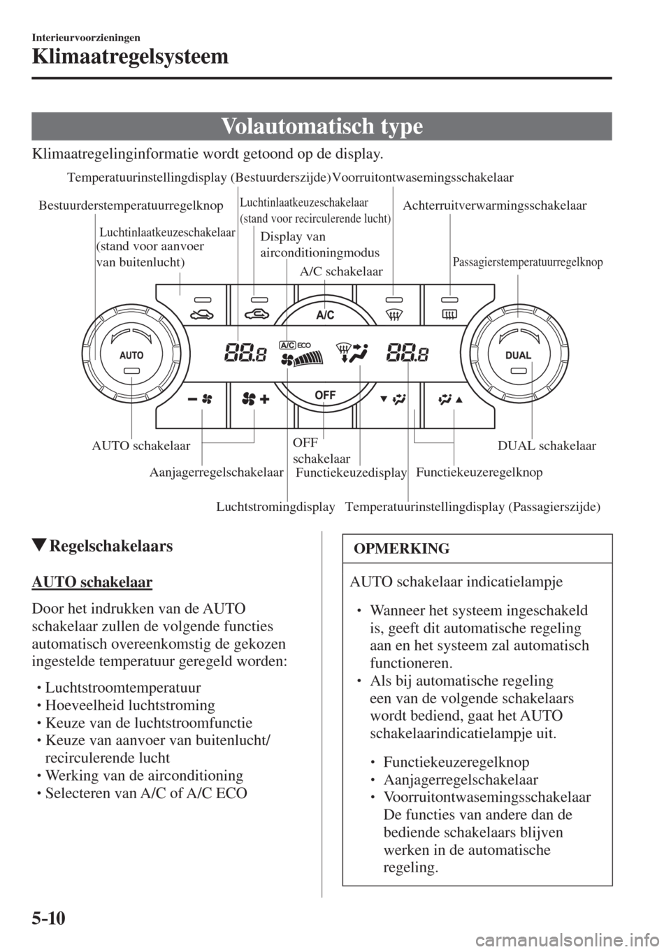 MAZDA MODEL 6 2016  Handleiding (in Dutch)  5–10
Interieurvoorzieningen
Klimaatregelsysteem
 Volautomatisch  type
            Klimaatregelinginformatie  wordt  getoond  op  de  display.
Luchtstromingdisplay Temperatuurinstellingdisplay (Bestu