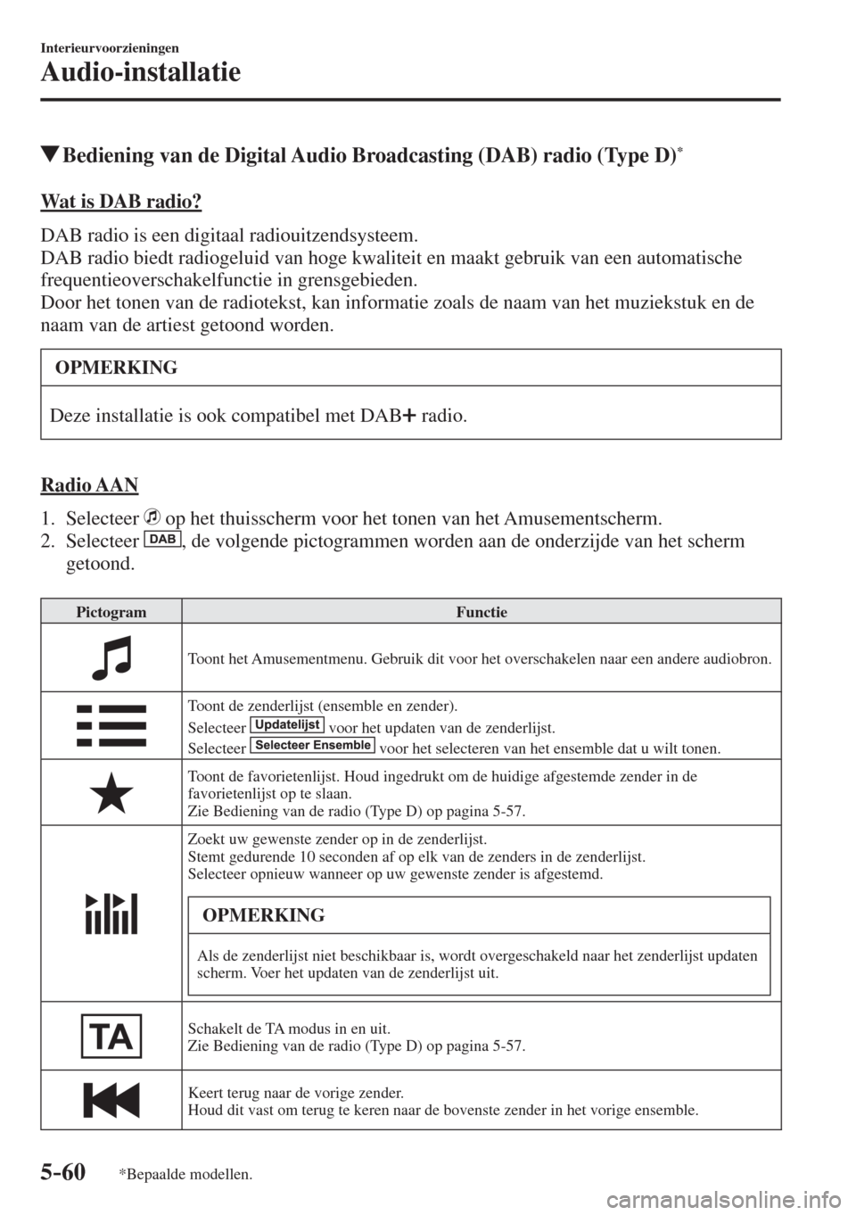 MAZDA MODEL 6 2016  Handleiding (in Dutch)  5–60
Interieurvoorzieningen
Audio-installatie
*Bepaalde modellen.
            Bediening van de Digital Audio Broadcasting (DAB) radio (Type D) * 
    Wat  is  DAB  radio?
    DAB radio is een digita