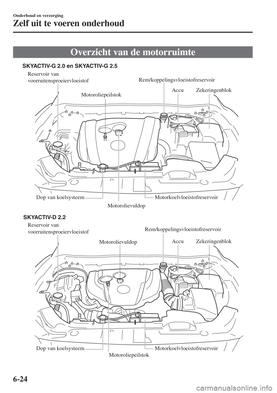 MAZDA MODEL 6 2016  Handleiding (in Dutch)  6–24
Onderhoud en verzorging
Zelf uit te voeren onderhoud
 Overzicht van de motorruimte
             
Reservoir van 
voorruitensproeiervloeistof
Motorolievuldop
MotoroliepeilstokAccuZekeringenblok
D