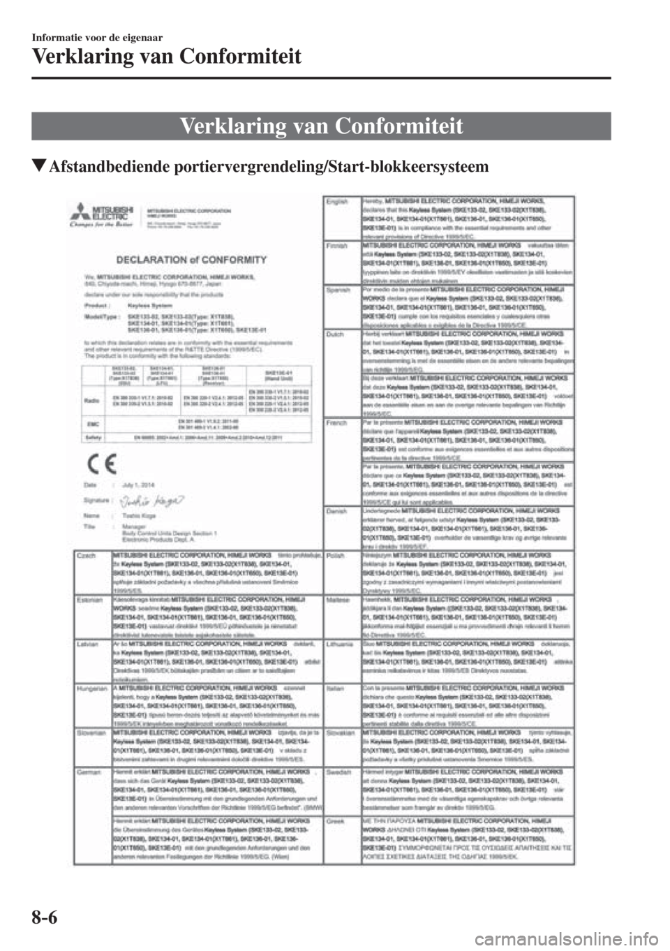MAZDA MODEL 6 2016  Handleiding (in Dutch)  8–6
Informatie voor de eigenaar
Verklaring van Conformiteit
      Verklaring  van  Conformiteit
       Afstandbediende  portiervergrendeling/Start-blokkeersysteem
    
���������������