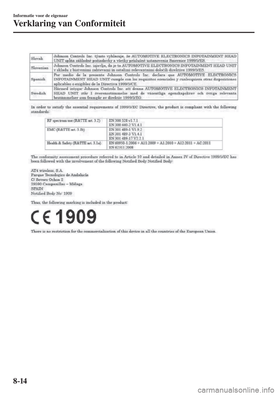 MAZDA MODEL 6 2016  Handleiding (in Dutch)  8–14
Informatie voor de eigenaar
Verklaring van Conformiteit
  
��������������������� 
