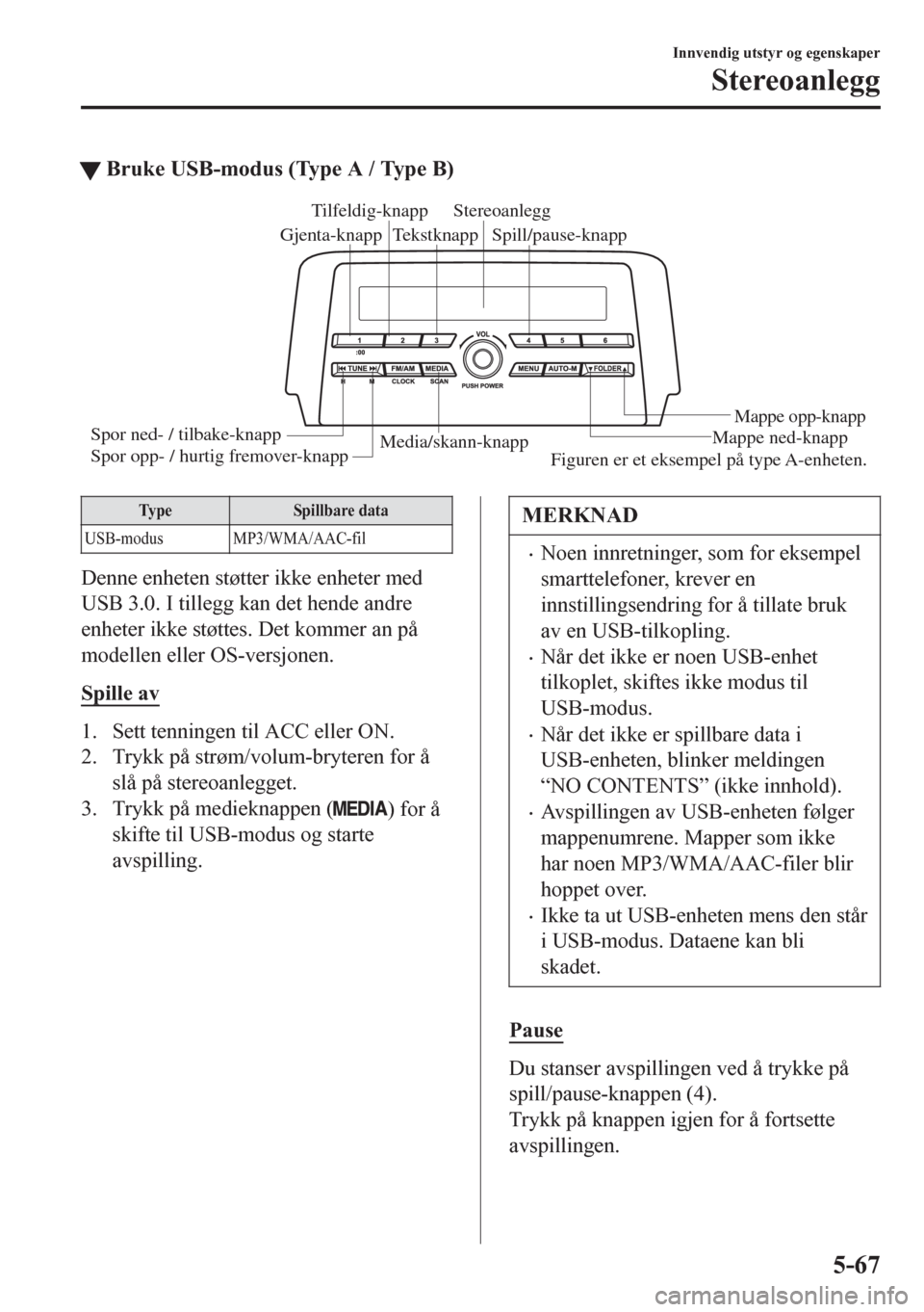 MAZDA MODEL 6 2016 Brukerhåndbok (in Norwegian) tBruke USB-modus (Type A / Type B)
Media/skann-knappMappe ned-knapp
Mappe opp-knapp
Spill/pause-knapp Tilfeldig-knapp
Gjenta-knappStereoanlegg
Tekstknapp
Spor ned- / tilbake-knapp
Spor opp- / hurtig f MAZDA MODEL 6 2016 Brukerhåndbok (in Norwegian) tBruke USB-modus (Type A / Type B)
Media/skann-knappMappe ned-knapp
Mappe opp-knapp
Spill/pause-knapp Tilfeldig-knapp
Gjenta-knappStereoanlegg
Tekstknapp
Spor ned- / tilbake-knapp
Spor opp- / hurtig f