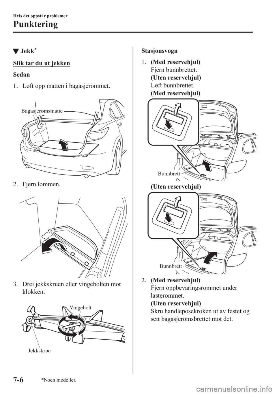 MAZDA MODEL 6 2016 Brukerhåndbok (in Norwegian) tJekk*
Slik tar du ut jekken
Sedan
1. Løft opp matten i bagasjerommet.
Bagasjeromsmatte
2. Fjern lommen.
3. Drei jekkskruen eller vingebolten mot
klokken.
Vingebolt
Jekkskrue
Stasjonsvogn
1.(Me MAZDA MODEL 6 2016 Brukerhåndbok (in Norwegian) tJekk*
Slik tar du ut jekken
Sedan
1. Løft opp matten i bagasjerommet.
Bagasjeromsmatte
2. Fjern lommen.
3. Drei jekkskruen eller vingebolten mot
klokken.
Vingebolt
Jekkskrue
Stasjonsvogn
1.(Me