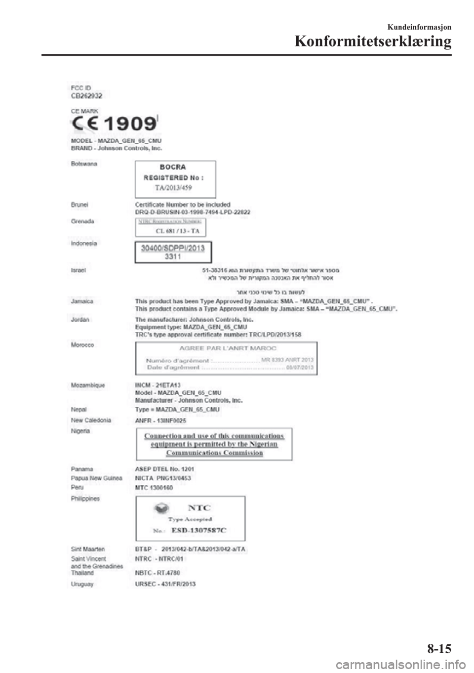 MAZDA MODEL 6 2016 Brukerhåndbok (in Norwegian) Kundeinformasjon
Konformitetserklæring
8-15 MAZDA MODEL 6 2016 Brukerhåndbok (in Norwegian) Kundeinformasjon
Konformitetserklæring
8-15