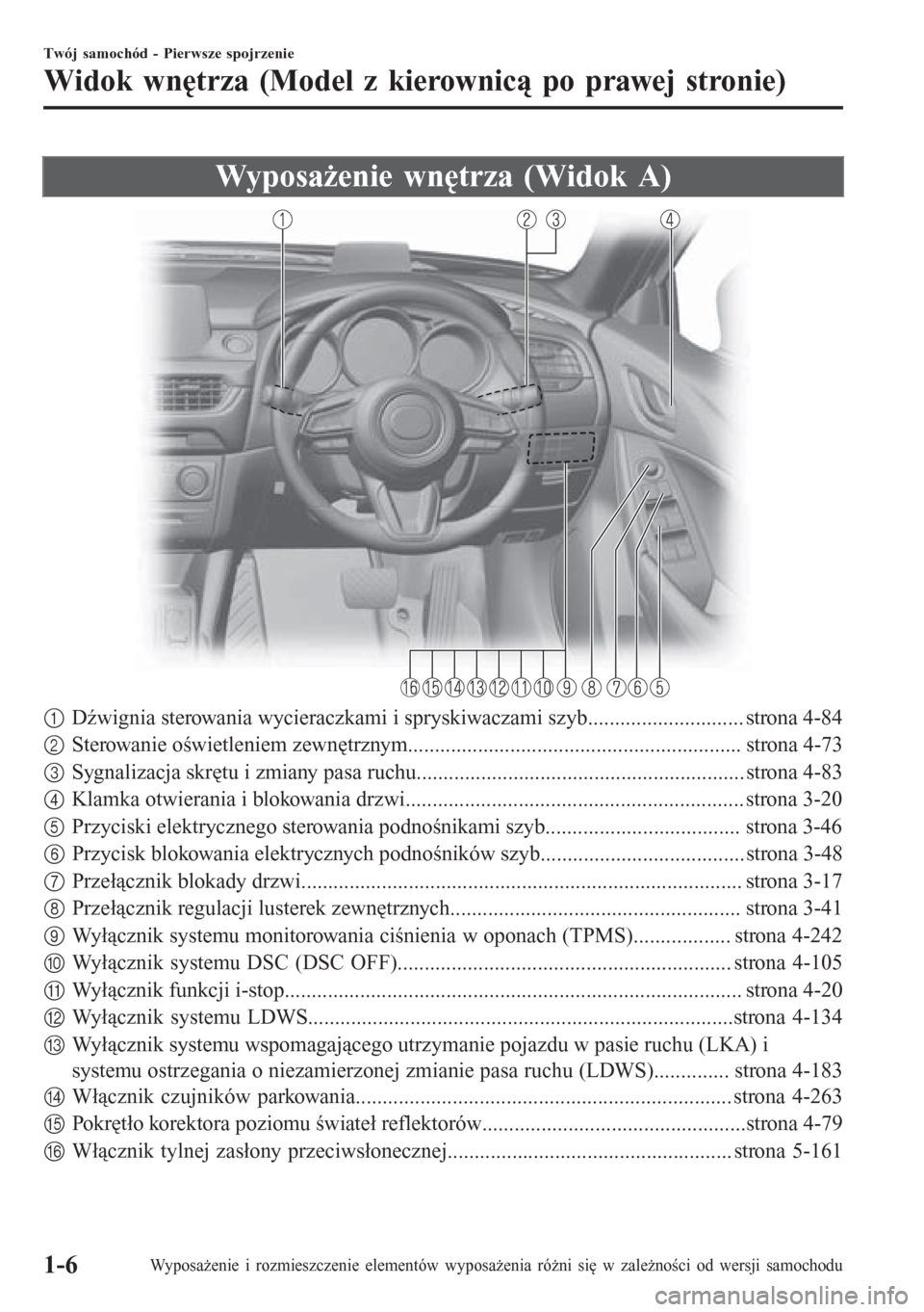 MAZDA MODEL 6 2016 Instrukcja Obsługi (in Polish) Wyposażenie wnętrza (Widok A)
1Dźwignia sterowania wycieraczkami i spryskiwaczami szyb............................. strona 4-84
2Sterowanie oświetleniem zewnętrznym............................... MAZDA MODEL 6 2016 Instrukcja Obsługi (in Polish) Wyposażenie wnętrza (Widok A)
1Dźwignia sterowania wycieraczkami i spryskiwaczami szyb............................. strona 4-84
2Sterowanie oświetleniem zewnętrznym...............................