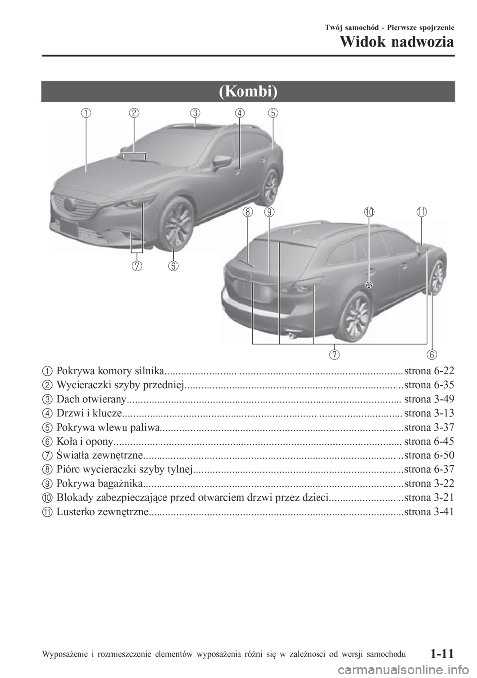 MAZDA MODEL 6 2016 Instrukcja Obsługi (in Polish) (Kombi)
1Pokrywa komory silnika...................................................................................... strona 6-22
2Wycieraczki szyby przedniej.......................................... MAZDA MODEL 6 2016 Instrukcja Obsługi (in Polish) (Kombi)
1Pokrywa komory silnika...................................................................................... strona 6-22
2Wycieraczki szyby przedniej..........................................