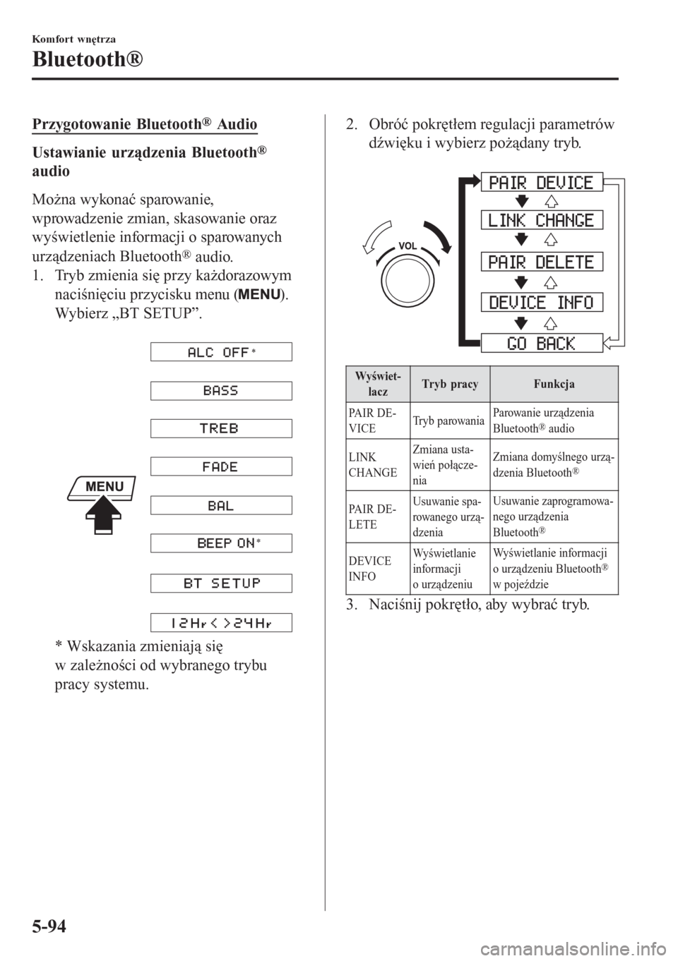 MAZDA MODEL 6 2016  Instrukcja Obsługi (in Polish)  Przygotowanie Bluetooth® Audio
Ustawianie urządzenia Bluetooth®
audio
Można wykonać sparowanie,
wprowadzenie zmian, skasowanie oraz
wyświetlenie informacji o sparowanych
urządzeniach Bluetooth
