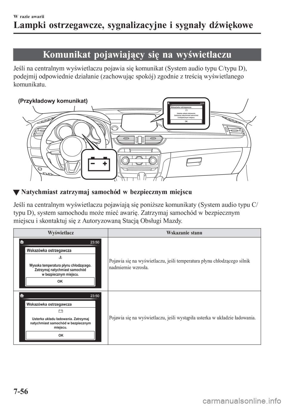 MAZDA MODEL 6 2016  Instrukcja Obsługi (in Polish)  Komunikat pojawiający się na wyświetlaczu
Jeśli na centralnym wyświetlaczu pojawia się komunikat (System audio typu C/typu D),
podejmij odpowiednie działanie (zachowując spokój) zgodnie z tre