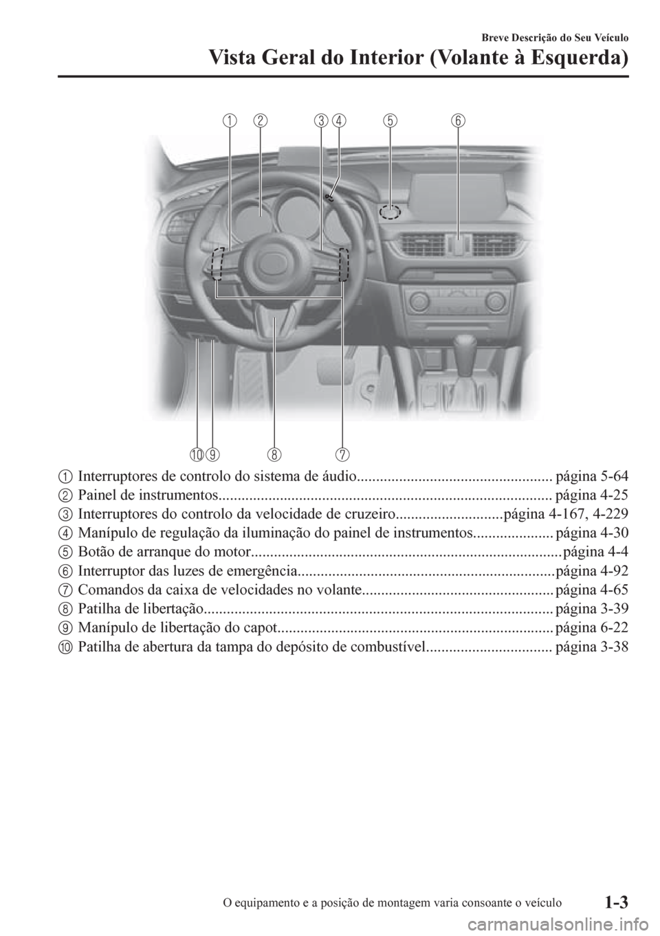 MAZDA MODEL 6 2016  Manual do proprietário (in Portuguese) 1Interruptores de controlo do sistema de áudio................................................... página 5-64
2Painel de instrumentos.................................................................