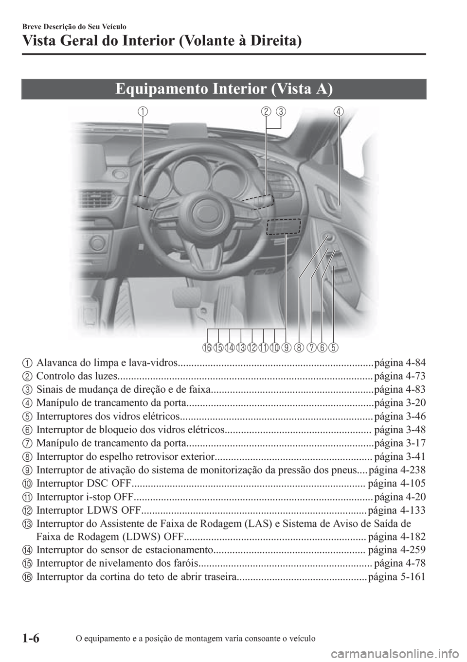 MAZDA MODEL 6 2016 Manual do proprietário (in Portuguese) Equipamento Interior (Vista A)
1Alavanca do limpa e lava-vidros........................................................................ página 4-84
2Controlo das luzes................................ MAZDA MODEL 6 2016 Manual do proprietário (in Portuguese) Equipamento Interior (Vista A)
1Alavanca do limpa e lava-vidros........................................................................ página 4-84
2Controlo das luzes................................