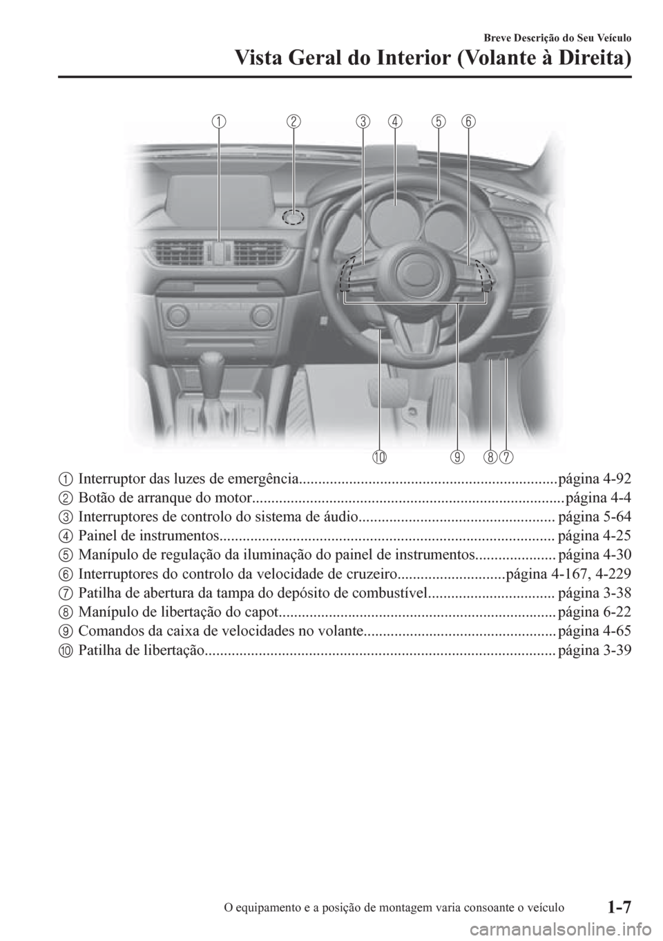 MAZDA MODEL 6 2016  Manual do proprietário (in Portuguese) 1Interruptor das luzes de emergência...................................................................página 4-92
2Botão de arranque do motor.......................................................