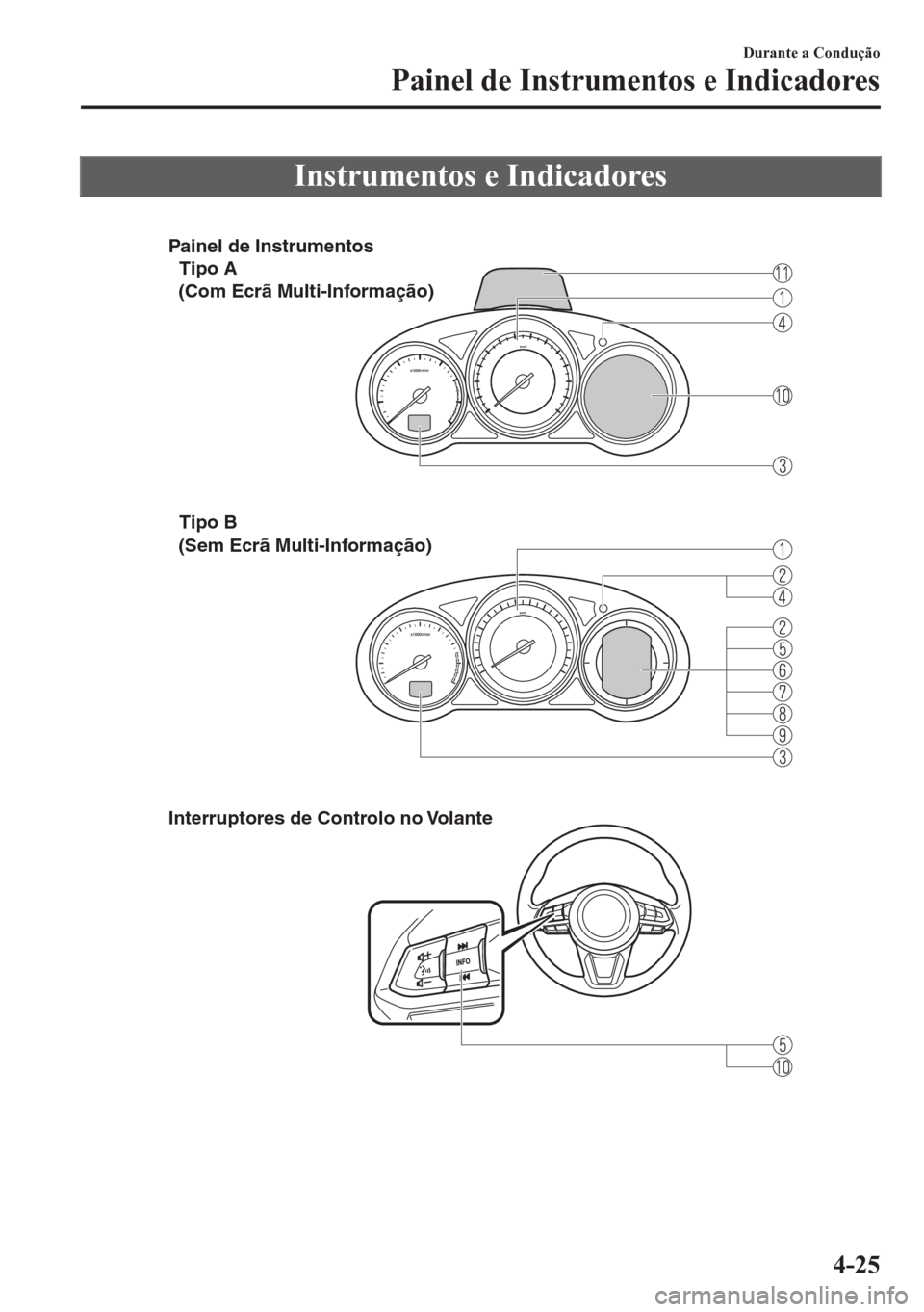 MAZDA MODEL 6 2016 Manual do proprietário (in Portuguese) Instrumentos e Indicadores
Painel de Instrumentos
Tipo A
Tipo B
Interruptores de Controlo no Volante
(Com Ecrã Multi-Informação)
(Sem Ecrã Multi-Informação)
Durante a Condução
Painel de Inst MAZDA MODEL 6 2016 Manual do proprietário (in Portuguese) Instrumentos e Indicadores
Painel de Instrumentos
Tipo A
Tipo B
Interruptores de Controlo no Volante
(Com Ecrã Multi-Informação)
(Sem Ecrã Multi-Informação)
Durante a Condução
Painel de Inst