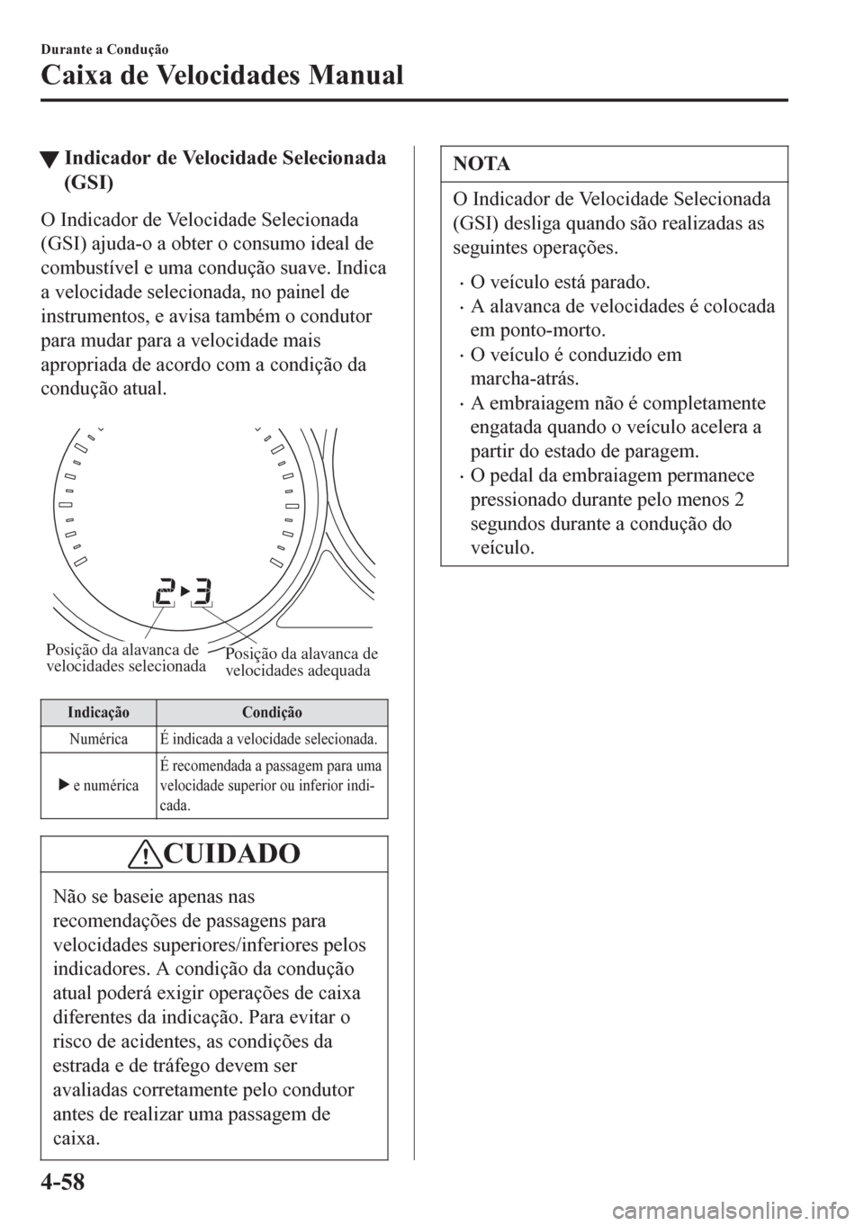 MAZDA MODEL 6 2016 Manual do proprietário (in Portuguese) tIndicador de Velocidade Selecionada
(GSI)
O Indicador de Velocidade Selecionada
(GSI) ajuda-o a obter o consumo ideal de
combustível e uma condução suave. Indica
a velocidade selecionada, no paine MAZDA MODEL 6 2016 Manual do proprietário (in Portuguese) tIndicador de Velocidade Selecionada
(GSI)
O Indicador de Velocidade Selecionada
(GSI) ajuda-o a obter o consumo ideal de
combustível e uma condução suave. Indica
a velocidade selecionada, no paine