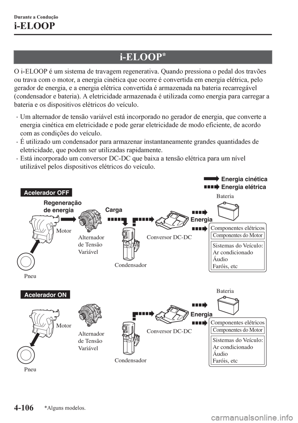 MAZDA MODEL 6 2016 Manual do proprietário (in Portuguese) i-ELOOP*
O i-ELOOP é um sistema de travagem regenerativa. Quando pressiona o pedal dos travões
ou trava com o motor, a energia cinética que ocorre é convertida em energia elétrica, pelo
gerador d MAZDA MODEL 6 2016 Manual do proprietário (in Portuguese) i-ELOOP*
O i-ELOOP é um sistema de travagem regenerativa. Quando pressiona o pedal dos travões
ou trava com o motor, a energia cinética que ocorre é convertida em energia elétrica, pelo
gerador d