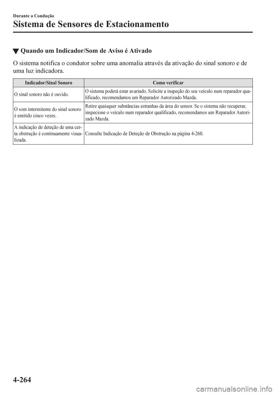 MAZDA MODEL 6 2016 Manual do proprietário (in Portuguese) tQuando um Indicador/Som de Aviso é Ativado
O sistema notifica o condutor sobre uma anomalia através da ativação do sinal sonoro e de
uma luz indicadora.
Indicador/Sinal Sonoro Como verificar
O si MAZDA MODEL 6 2016 Manual do proprietário (in Portuguese) tQuando um Indicador/Som de Aviso é Ativado
O sistema notifica o condutor sobre uma anomalia através da ativação do sinal sonoro e de
uma luz indicadora.
Indicador/Sinal Sonoro Como verificar
O si