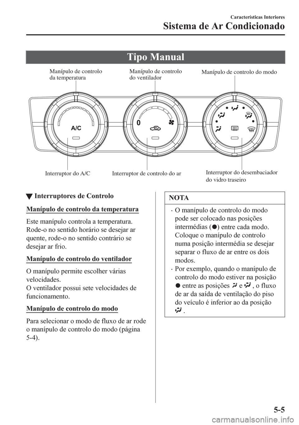 MAZDA MODEL 6 2016 Manual do proprietário (in Portuguese) Tipo Manual
Interruptor do A/C Interruptor de controlo do arInterruptor do desembaciador
do vidro traseiro Manípulo de controlo
da temperatura Manípulo de controlo
do ventiladorManípulo de contr MAZDA MODEL 6 2016 Manual do proprietário (in Portuguese) Tipo Manual
Interruptor do A/C Interruptor de controlo do arInterruptor do desembaciador
do vidro traseiro Manípulo de controlo
da temperatura Manípulo de controlo
do ventiladorManípulo de contr
